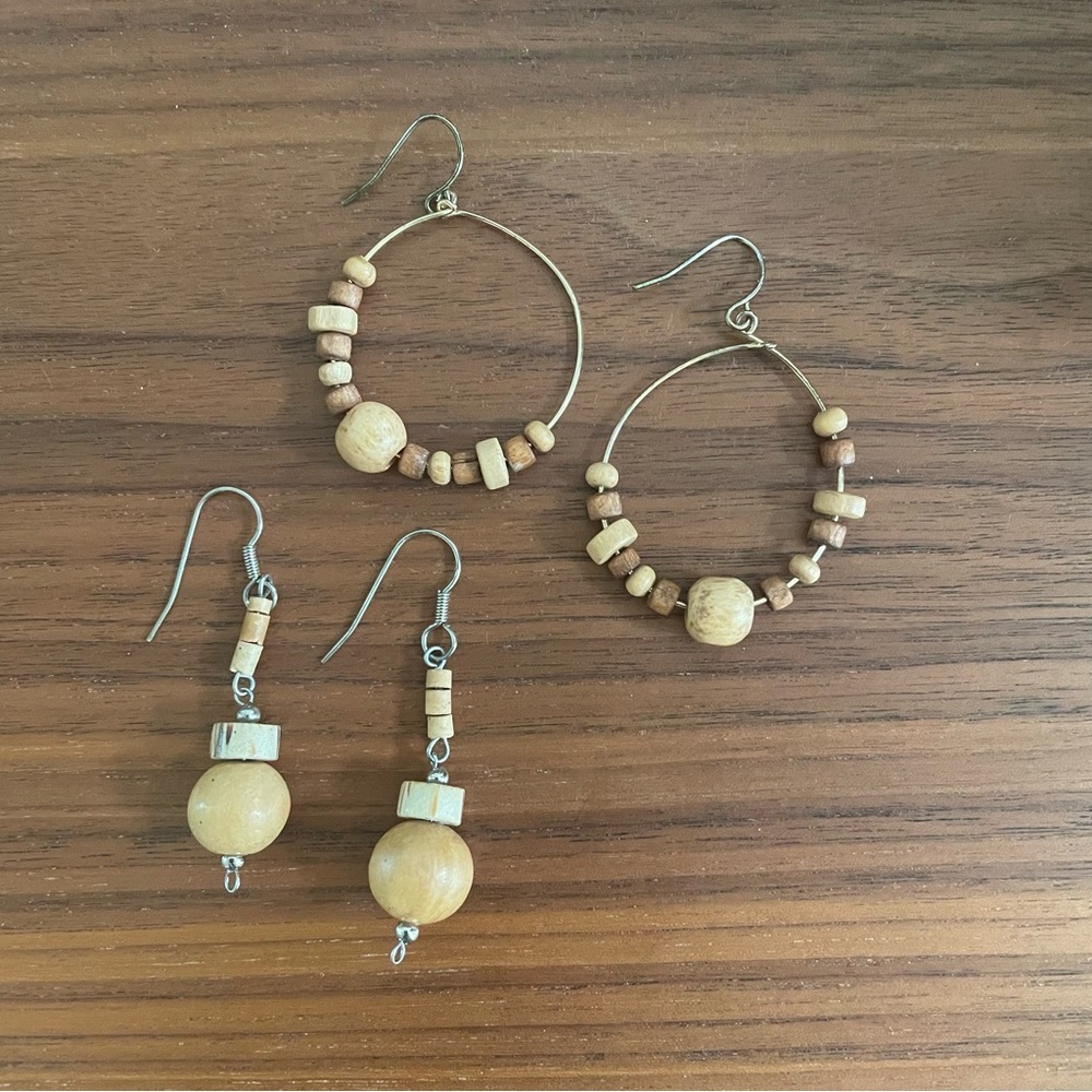 Natural Wood Beaded Earrings, Lightweight, 2 pairs, Boho